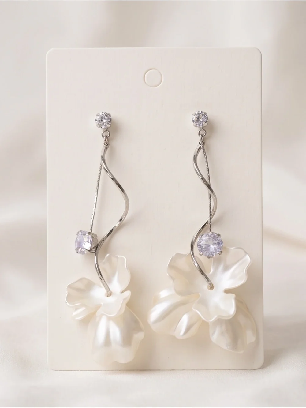 Silver Floral Pearl Drop Earrings with Lilac Stone